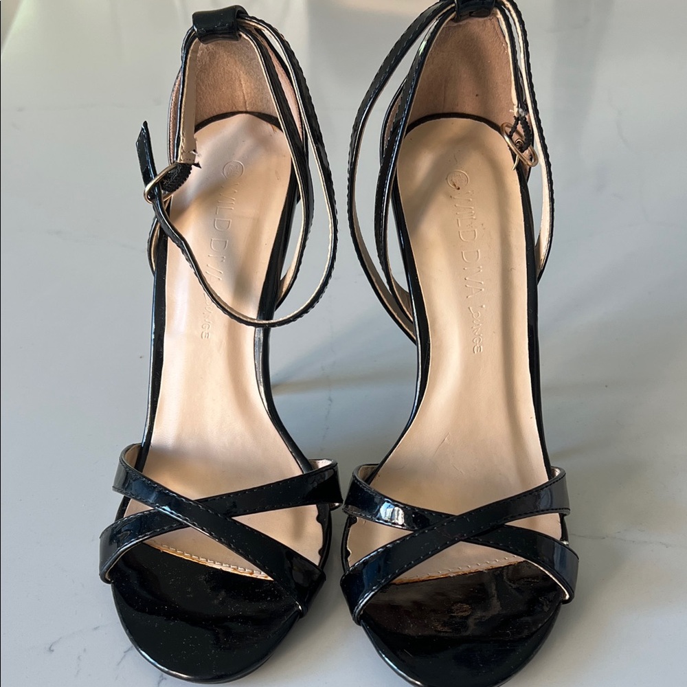 Wild Diva Black Patent Crisscross Ankle Strap Heels